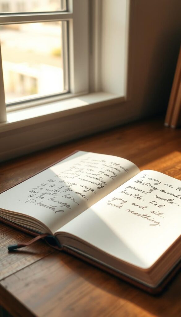 Elegant leather-bound journal with soft, cream-colored pages sitting on a wooden desk. The journal is open, revealing neatly handwritten personal reflections and doodles. Sunlight streams through a window, casting a warm glow on the scene. A calming, minimalist atmosphere evokes a sense of mindfulness and introspection. The journal's cover features a simple, debossed pattern or motif, hinting at its purpose as a tool for self-reflection. The overall composition emphasizes the journal's role as a personal, private space for recording thoughts and experiences.