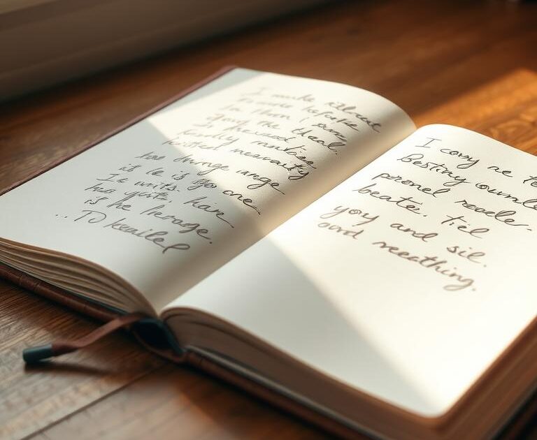 Elegant leather-bound journal with soft, cream-colored pages sitting on a wooden desk. The journal is open, revealing neatly handwritten personal reflections and doodles. Sunlight streams through a window, casting a warm glow on the scene. A calming, minimalist atmosphere evokes a sense of mindfulness and introspection. The journal's cover features a simple, debossed pattern or motif, hinting at its purpose as a tool for self-reflection. The overall composition emphasizes the journal's role as a personal, private space for recording thoughts and experiences.