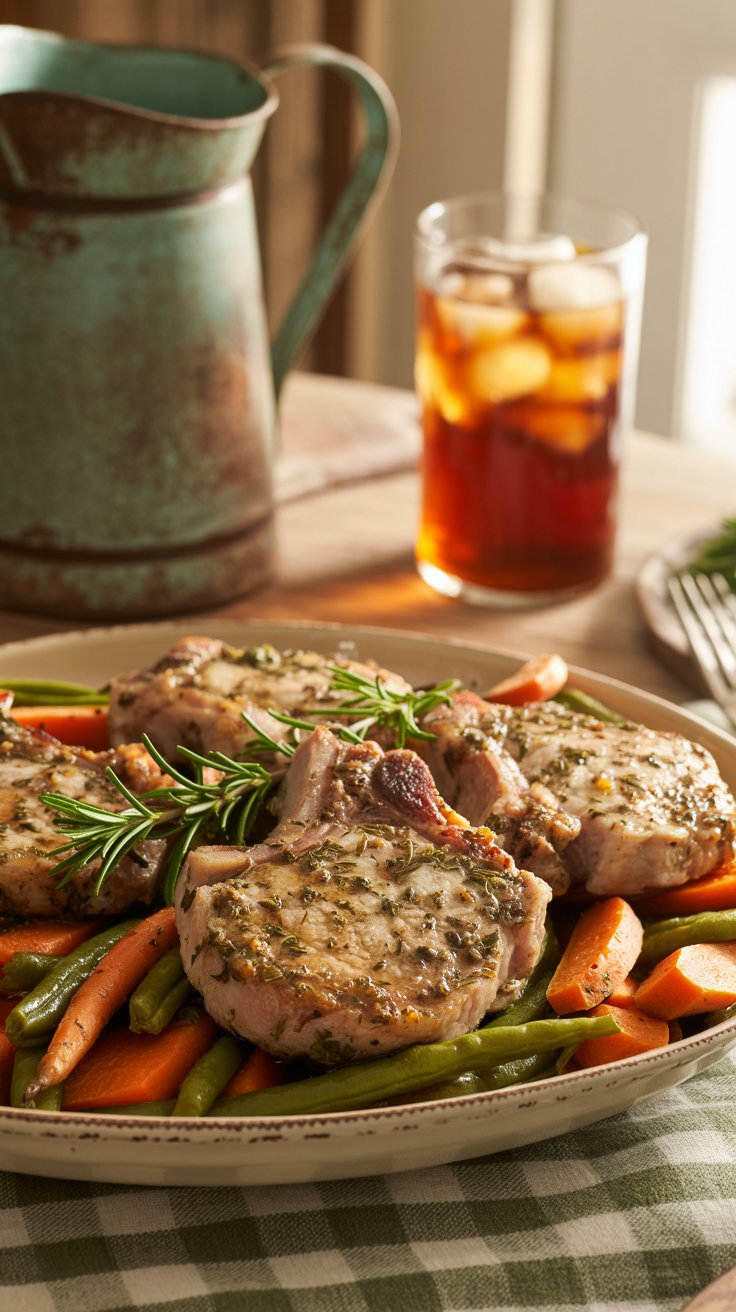 We Love, Iron Skillet One Pan Dinners: Herbed Pork Chops with Roasted Veggies