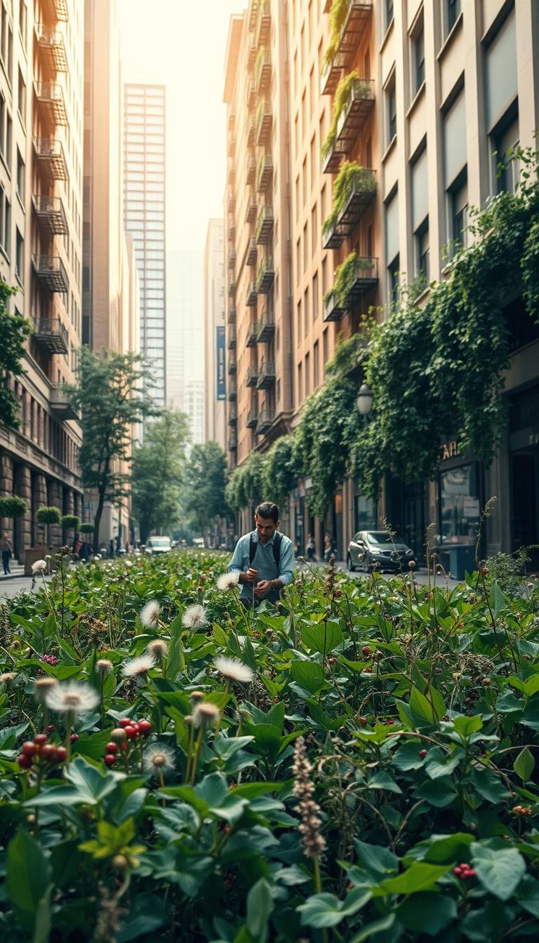 A bustling urban street lined with tall buildings, their facades adorned with lush greenery. In the foreground, a person carefully forages through a verdant patch, gathering wild edibles amidst the concrete landscape. Soft, warm lighting filters through the leaves, casting a serene, natural atmosphere. The scene blends the man-made and the natural, with a sense of urban exploration and discovery. A diverse array of edible plants, from dandelions to wild berries, thrive in the cracks and crevices of the urban environment. The overall composition conveys the harmony and abundance that can be found in unexpected places, inviting the viewer to venture forth and uncover the hidden treasures of the city.